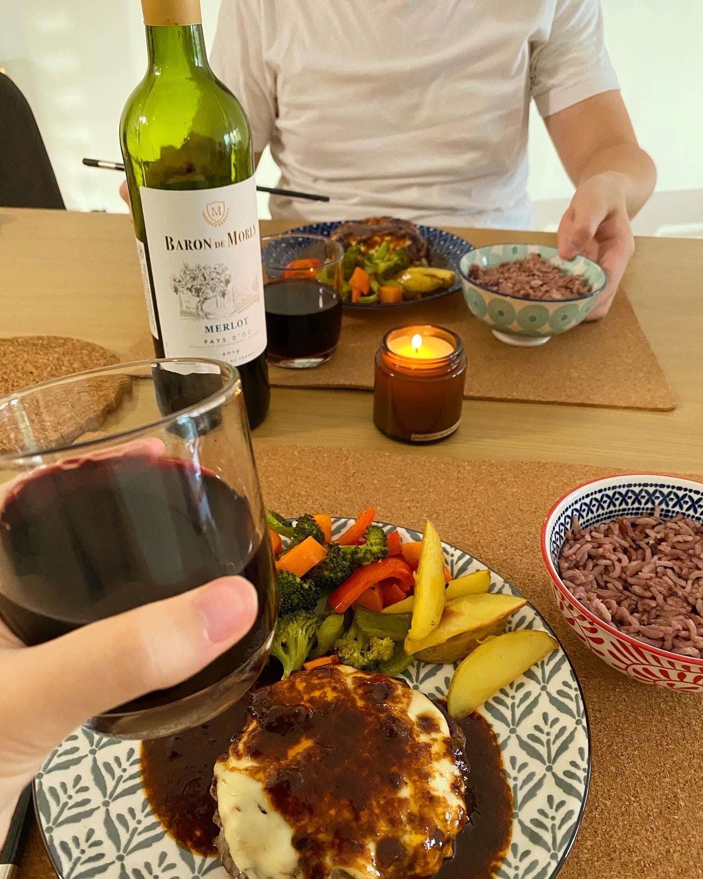 A quiet home-cooked birthday dinner in a lockdown. We didn't have wine glasses lol don't @ me.